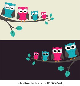 Family of owls sitting on a branch. Two variations.