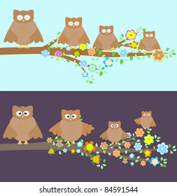 Family of owls sitting on a branch. Two variations. vector
