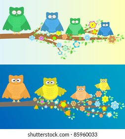 Family of owls sitting on a branch. Two variations