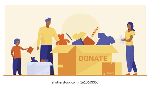 Family Packing Donation Box. Clothes And Toys For Needy People Flat Vector Illustration. Volunteering, Charity, Goodwill Concept For Banner, Website Design Or Landing Web Page