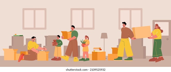 Family packing and move to new house. Vector flat illustration of home interior with happy people and kids carry cardboard boxes. Concept of relocation, moving, leave dwelling