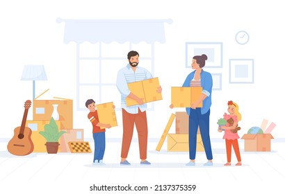 Family packing stuff. Happy characters holding cardboard boxes in room for movers moving house, people and bags delivery cargo, woman mom move home, vector illustration. Character with box cardboard