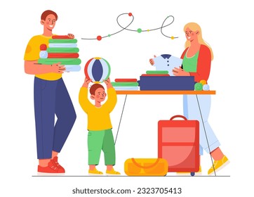 Family packing things in boxes concept. Man and woman with child preparing to move. People with cardboard boxes. Transportation and relocation. Cartoon flat vector illustration