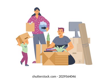 Family packing things for moving to new house or apartment, flat vector illustration isolated on white background. Mortgages and purchase of family real estate.