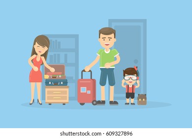 Family packs suitcases for holidays. Happy parents and boy enjoy future travel.