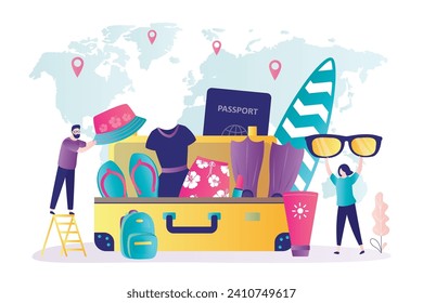 Familiares empacan cosas en maleta y se preparan para viajar. Preparándose para el descanso y las vacaciones. Cosas y ropa en el equipaje. Feliz amor a los viajeros con pasaportes, ropa y equipaje. vector plano