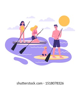 Family paddle. SUP surfing activity. Man, woman and children relax outdoor. Isolated vector illustration in flat style