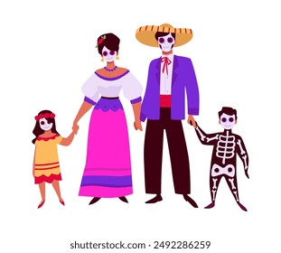 Family with painted sugar skull face mask vector flat illustration. Dia de los muertos Mexican holiday. Parents and children in costumes celebrating Day of the dead