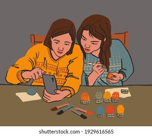 Family painting easter eggs. Two asian girls drawing ornament on egg. Flat spring characters on cartoon background.Vector holiday illustration. Good for web banner, card, poster, print or web design