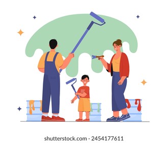 Familia pintando paredes. Hombre y mujer con niño con rodillos de pintura. Renovación y reparación de vivienda y apartamento. Cubos con pinturas. Ilustración vectorial plana de dibujos animados aislada sobre fondo blanco