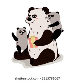 A family of panda bears celebrate father's day. Father and two children. Bear and cubs. Pink gift. Hugs, have fun. Cartoon style. Holiday card. Vector illustration. Birthday. White background