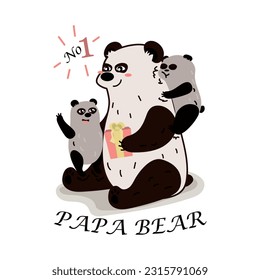 A family of panda bears celebrate father's day. Father and two children. Bear and cubs. Pink gift. Hugs, have fun. Cartoon style. Holiday card. Vector illustration. Birthday. No 1 papa bear. White