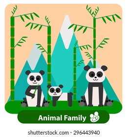 Family panda cub on the background of bamboo and mountains, in a plane, conceptual and illustrative style. It can be used for design of cards or covers. Vector illustration