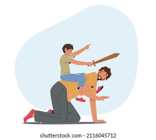 Family, Parent and Child Relations Concept. Happy Dad and Son Characters Playing, Boy with Wooden Sword Sitting on Daddy Back, Kids Game, Togetherness, Fatherhood. Cartoon People Vector Illustration