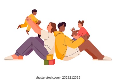 Family, parent and kids play together. Biracial mother, father spend time with children. Happy parenthood concept. Mom, dad and toddlers. Flat graphic vector illustration isolated on white background