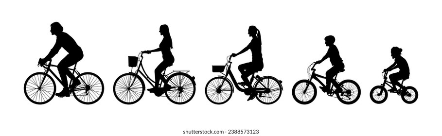 Family parent and kids riding bikes cycling together vector silhouettes.	