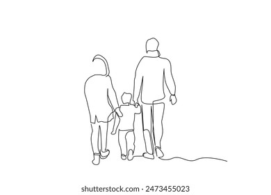 family parent winter mother father son walking together one line art design vector