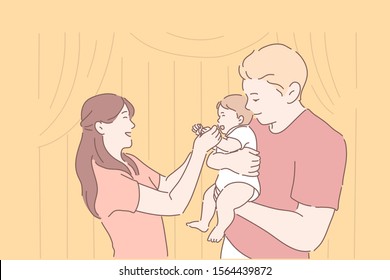 Family, parenthood, childhood, together concept. Young happy parents, man and woman rejoice in their firstborn child girl or boy. Mom and dad holding smiling baby. Adoption. Simple flat vector.