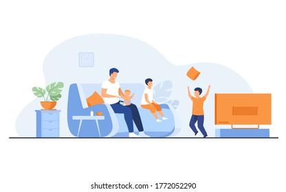 Family and parenthood concept. Cartoon father feeding youngest son at TV in living room, while other boys playing games together. Vector illustration for single dad, children care topics