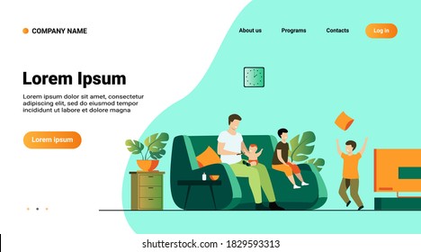 Family and parenthood concept. Cartoon father feeding youngest son at TV in living room, while other boys playing games together. Vector illustration for single dad, children care topics