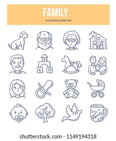 Family and parenthood doodle vector icons for website and printing materials