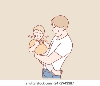 family, parenthood and people concept - father with crying little baby at home. Hand drawn style vector design illustrations.