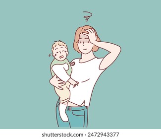 family, parenthood and people concept - mother with crying little baby at home. Hand drawn style vector design illustrations.