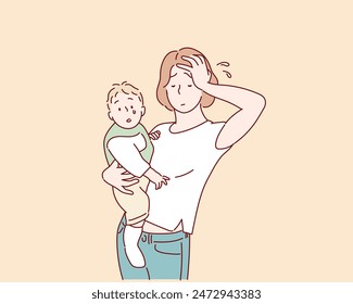 family, parenthood and people concept - mother with crying little baby at home. Hand drawn style vector design illustrations.