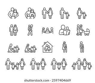 Family and Parenting, Icon Set. Parents with children, family bonding, pregnant, playing with kids, reading together, spending time at home. Family life, childcare. Line with editable stroke