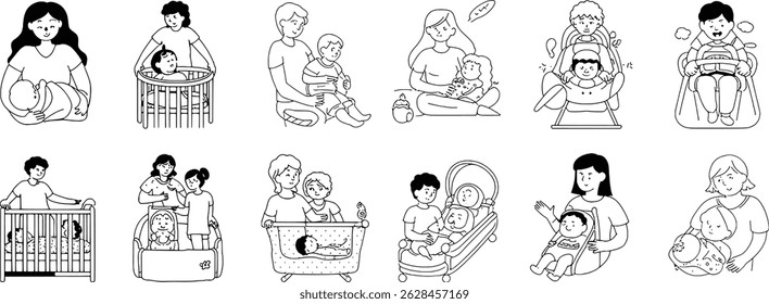 Family parenting illustrations showing mothers fathers and children in various childcare situations