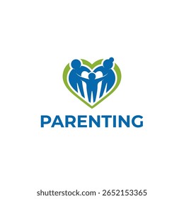 logotipo de criação familiar com uma silhueta familiar dentro de uma forma de coração, simbolizando amor, cuidado e apoio para as crianças