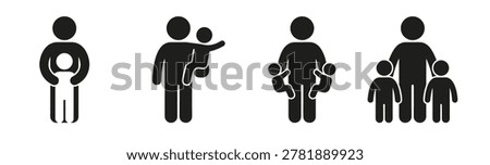 Family parenting themed element pack, minimalist silhouette style, parent holding baby, infant, toddlers, and child