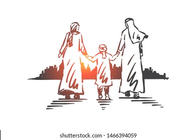 Family, parents and child, generations concept sketch. Muslim family walking together outdoors with big city at background and holding hands. Hand drawn isolated vector illustration