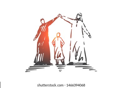 Family, parents and child, generations concept sketch. Muslim family, father and mother holding raised hands and playing with son. Hand drawn isolated vector illustration