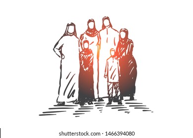 Family, parents and child, generations concept sketch. Muslim big family standing togethe with children. Hand drawn isolated vector illustration