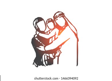 Family, parents and child, generations concept sketch. Muslim family embracing their little child. Hand drawn isolated vector illustration