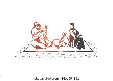 Family, parents and child, generations concept sketch. Parents from Saudi Arabia sitting with their children on rug outdoors on summer. Hand drawn isolated vector illustration