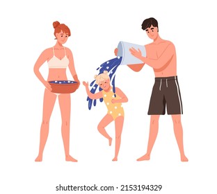 Family, parents and child hardening together. Father pouring kid with iced cold water from bucket. Mother, dad and girl during health procedure. Flat vector illustration isolated on white background