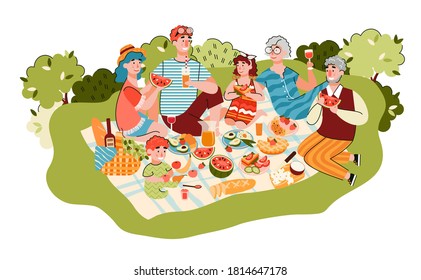 Family of parents, children and grandparents generations having picnic outdoors, cartoon vector illustration isolated on white background. Family joint meal on nature.