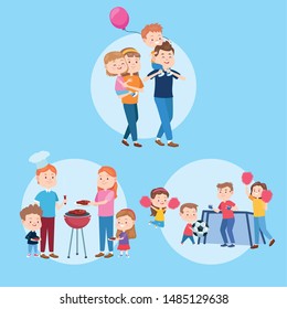 Family parents and children having fun set of cartoons, kids and young dad and mom, children happiness. vector illustration graphic.