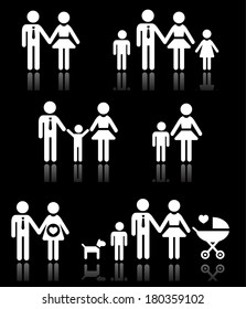 Family, parents and children, pregnant woman icons set on black