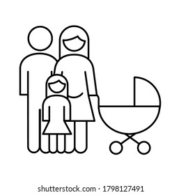 family parents couple with daughter and baby cart figures line style icon vector illustration design