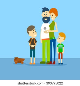 Family Parents Father Mother Two Children Sons Flat Vector Illustration