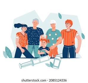 Family of parents, grandparents and child got Covid-19 vaccine. Vaccination coronavirus and COVID-19 infection prevention, stop pandemic concept, flat vector illustration isolated on background.