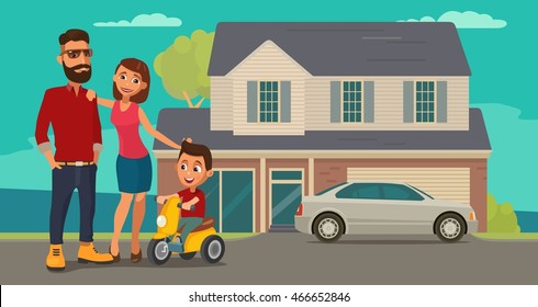 Family. Parents, grandparents and child on a tricycle on background with house and car. Color flat vector illustration