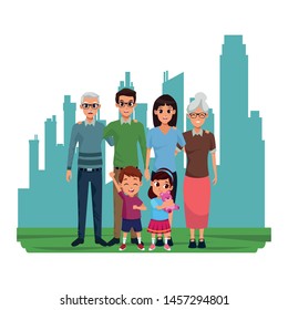 Family parents and grandparents with childrens in the cirty, urban scenery background ,vector illustration graphic design.