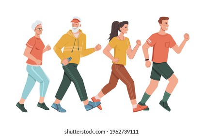 Family parents and grandparents running together isolated cartoon characters. Vector man with fitness band tracker, sportive pensioners, middle age man and woman joggers. Motivational sport trainings