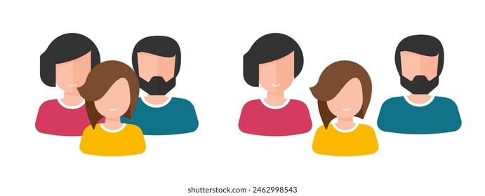 Family parents icon vector graphic illustration set, father mother and adult teen child together, beard person, kid, man and woman character symbol image clip art modern design cut out flat cartoon