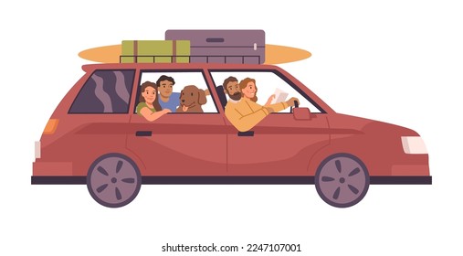 Family of parents and kids with dog traveling on car. Isolated people on road trip, driving on vehicle packed with baggage and surfboard. Vector in flat style