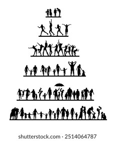 Family parents and kids outdoor activities in park silhouettes set collection. People seniors adults teens kids having fun playing together outside silhouette. hand drawn. Not AI, Vector illustration